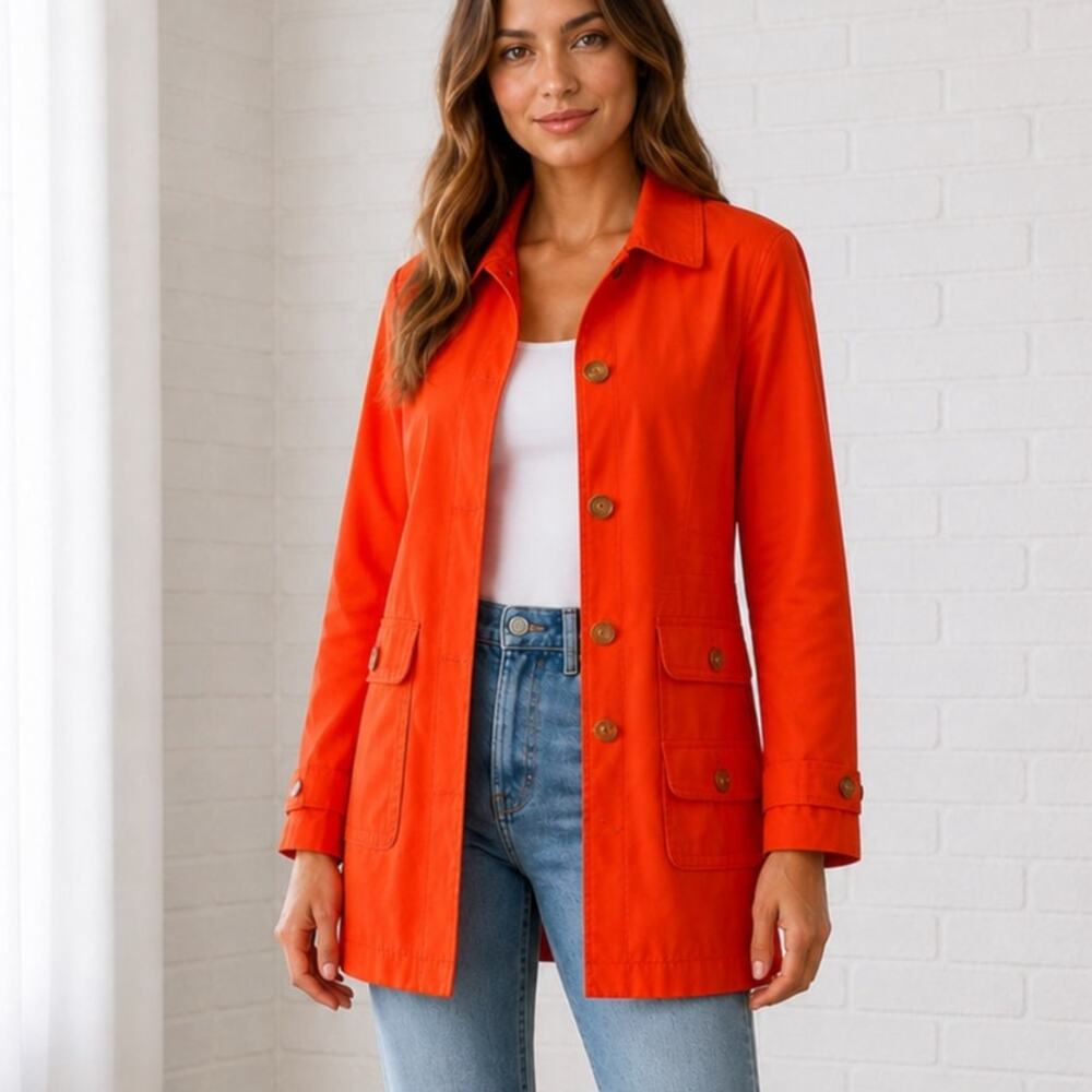 Talbots Orange Jacket Womens Size 14 Lightweight Utility Coat Button Pockets